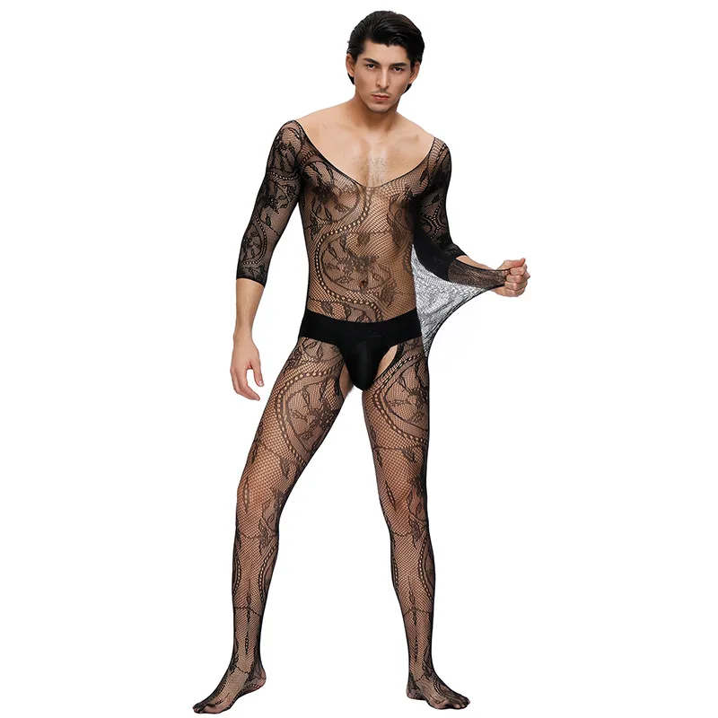 

Sexy Men's Long Sleeve Bodysuit with Open Crotch No Need to Strip off Net Tights Sensual One-Piece Underwear for Adults