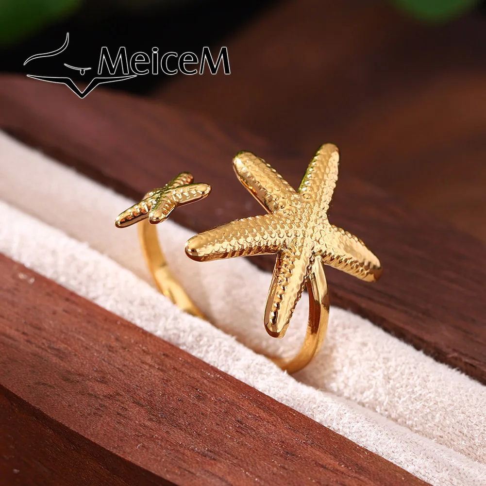 MeiceM Stainless Steel Ring Ocean Series Starfish Conch Scallop Color Drop Oil Exquisite Design Elegant Ladies Ring For Women