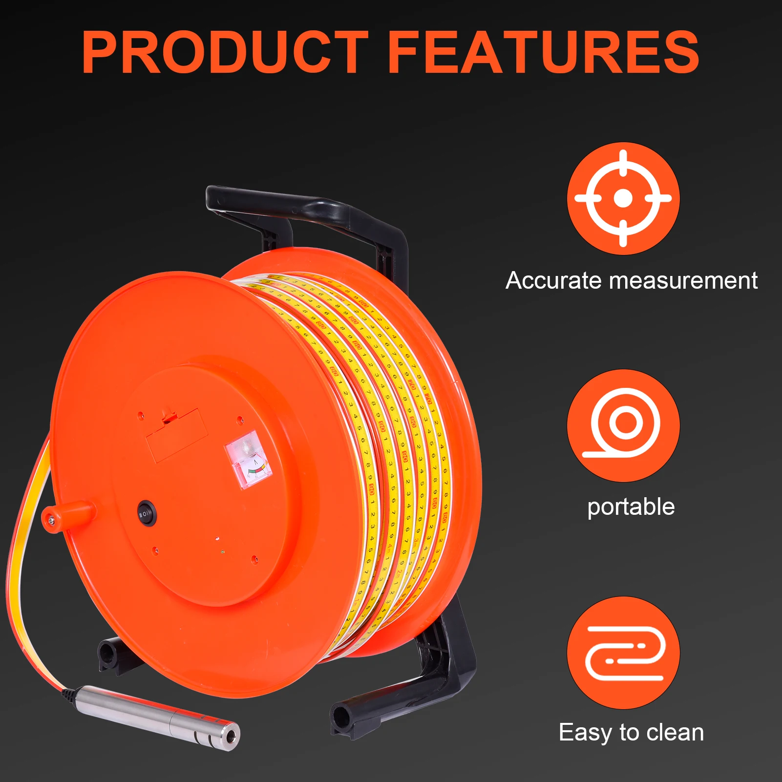 Измеритель уровня воды, измеритель глубины воды 30 м/98 футов, индикатор жидкости на батарейках с зондом из нержавеющей стали диаметром 25 мм