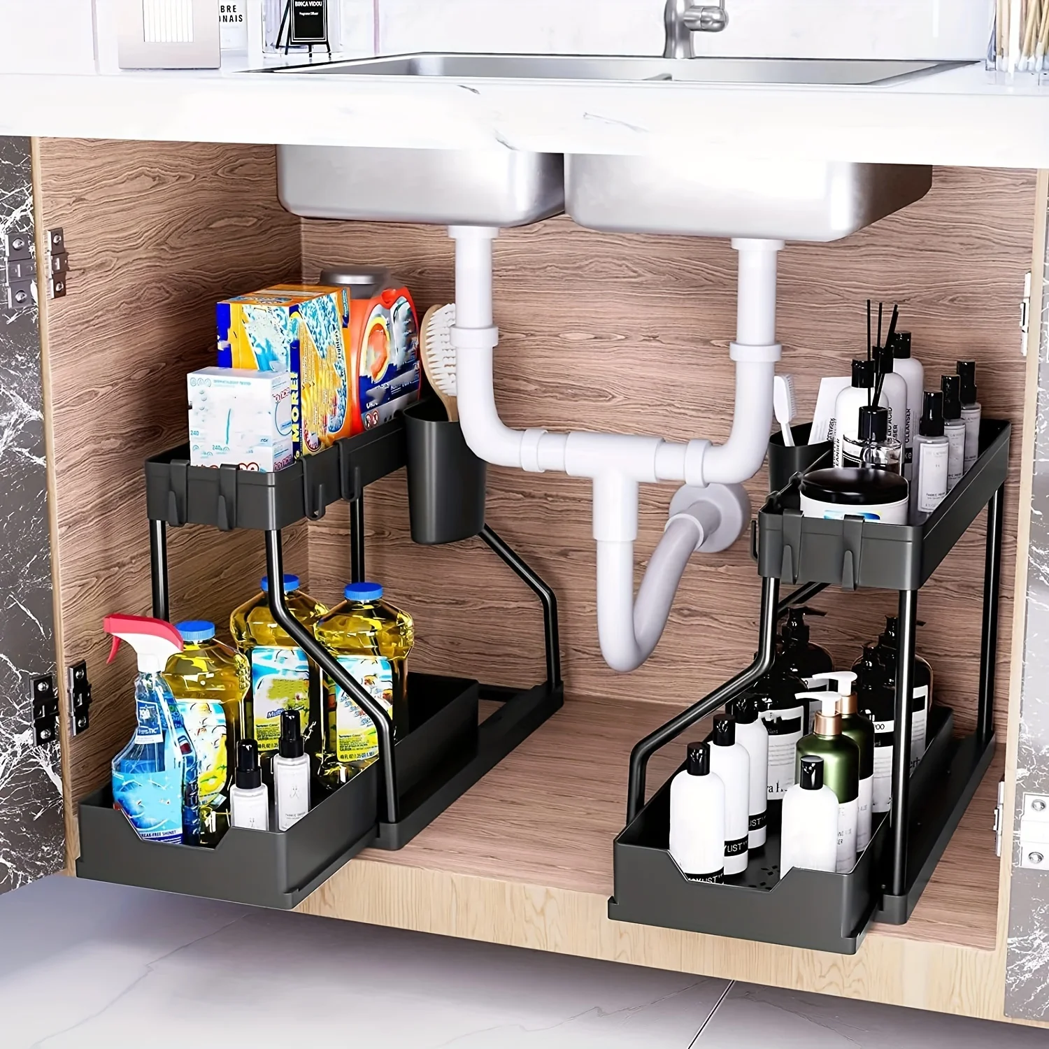 1pc Double-Layered Kitchen Cabinet  Rack with Multi-Functional Basket and Drawers for Bathroom and Kitchen Supplies