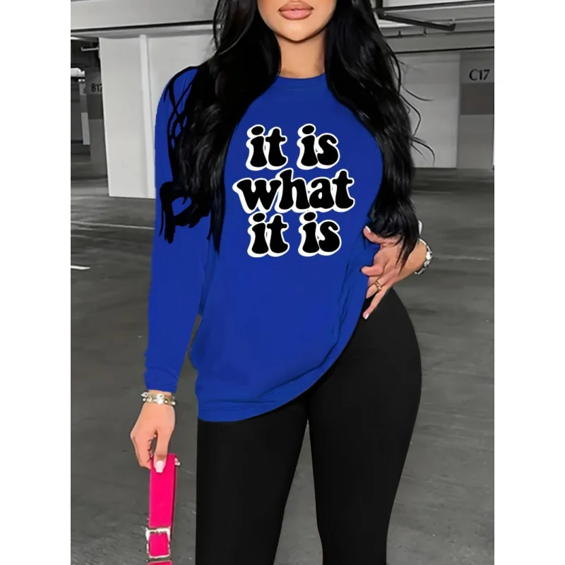 

Women's Creative Printed Casual Loose Round Neck Long Sleeve T-Shirt and Pants Two-Piece Set for Spring, Autumn and Winter