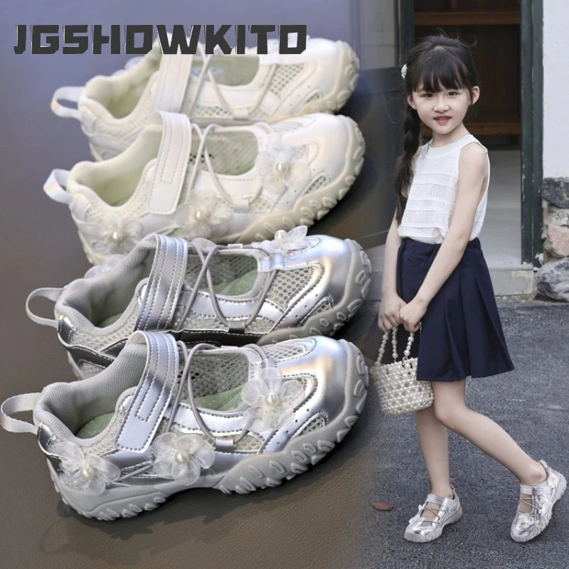 

JGSHOWKITO Elegant Kids School Sports Sandals Summer Princess Causal Girl Mesh Flower Shoes Breathable Children Running Sneakers