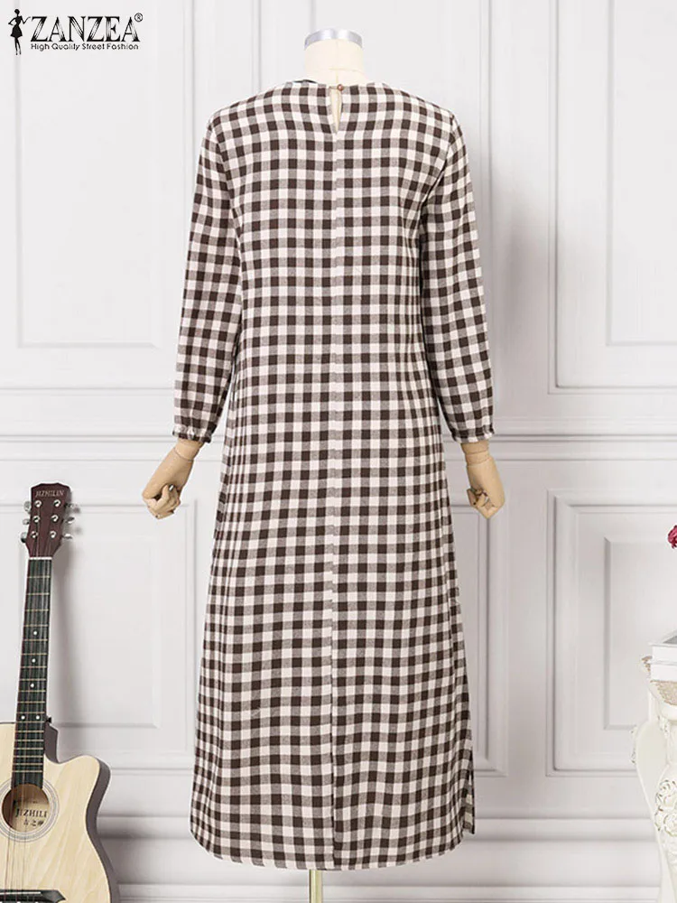 ZANZEA-Robe Maxi Vintage à Carreaux pour Femme, Mode Musulmane, Abaya, Printemps, Manches sulf, Plaid, Kaftan Éducatif, Turquie