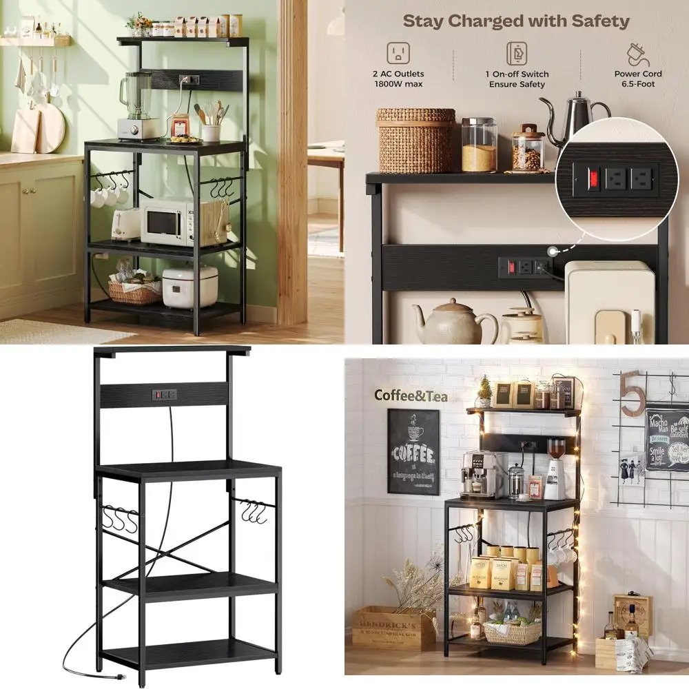 

Черная 4-ярусная кухонная полка-стеллаж с розеткой, кофейной станцией и 6 крючками для хранения специй и кастрюль