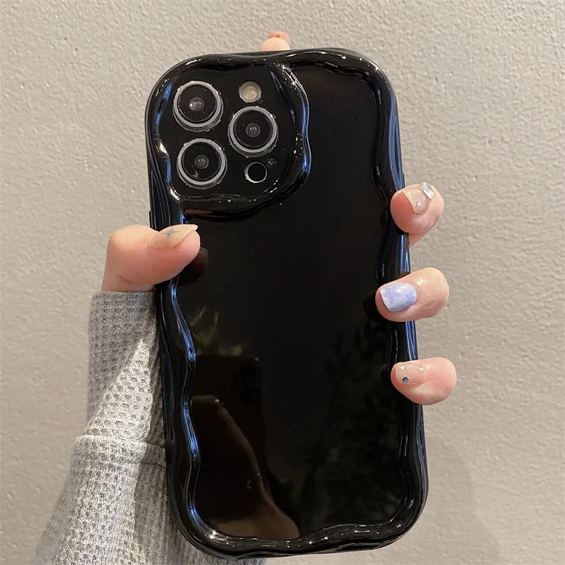 Wave Pattern Solid Color Cream For iPhone 11 12 13 14 15 16 Pro Max Plus Mini Transparent Resistant Couple Clear Shockproof Case image 5