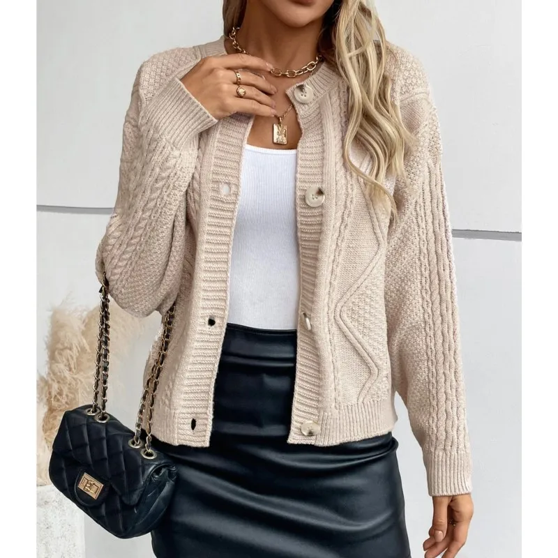 Apricot Casual Knitting Women's Sweater Cardigan New V-neck Fried Dough Twists Button Long Sleeve Autumn Versatile Sweater Coat