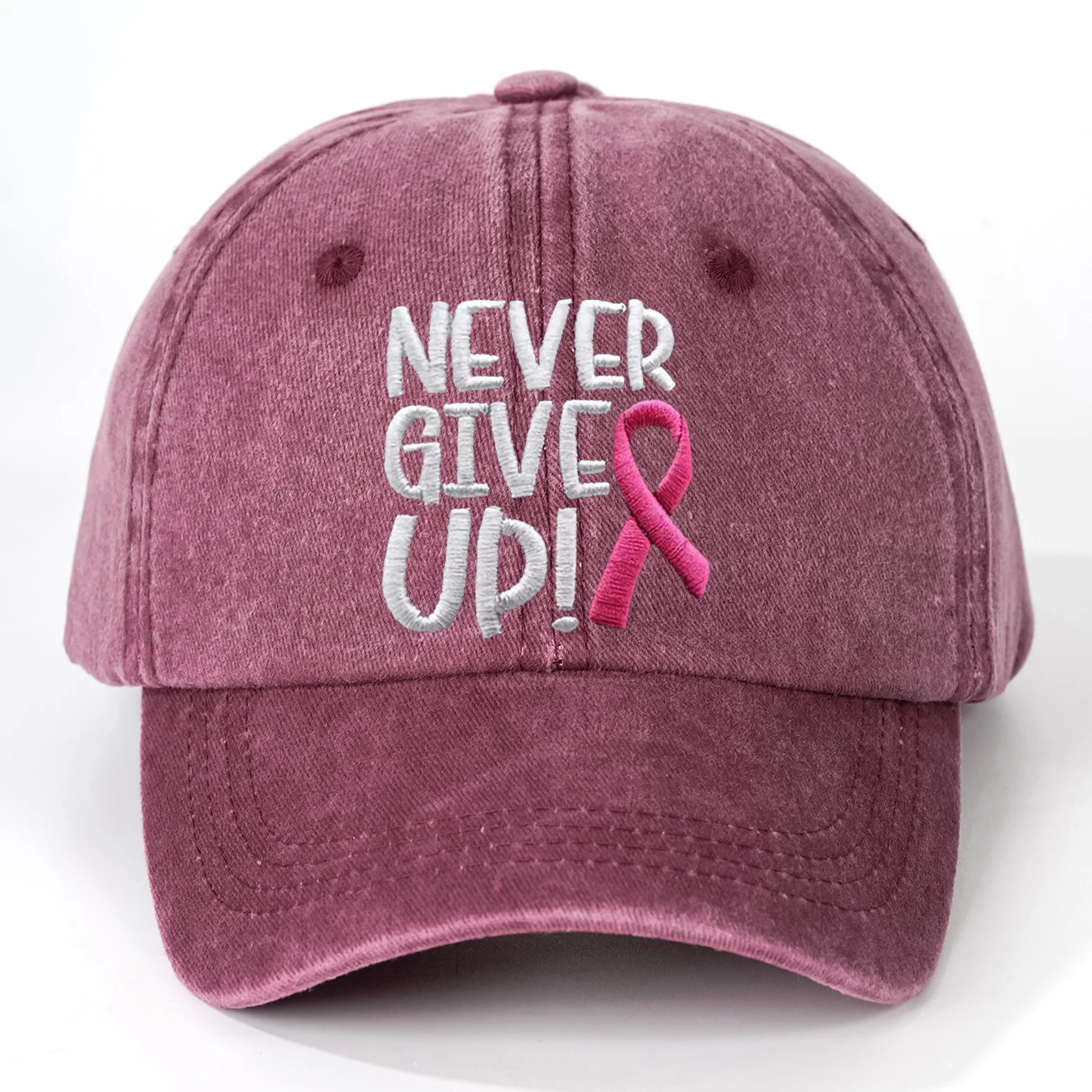 Pink Ribbon Embroidery Baseball Cap Never Give Up Breast Cancer Awareness Dad Hats Washed Distressed Adjustable Sun Hat ForWomen