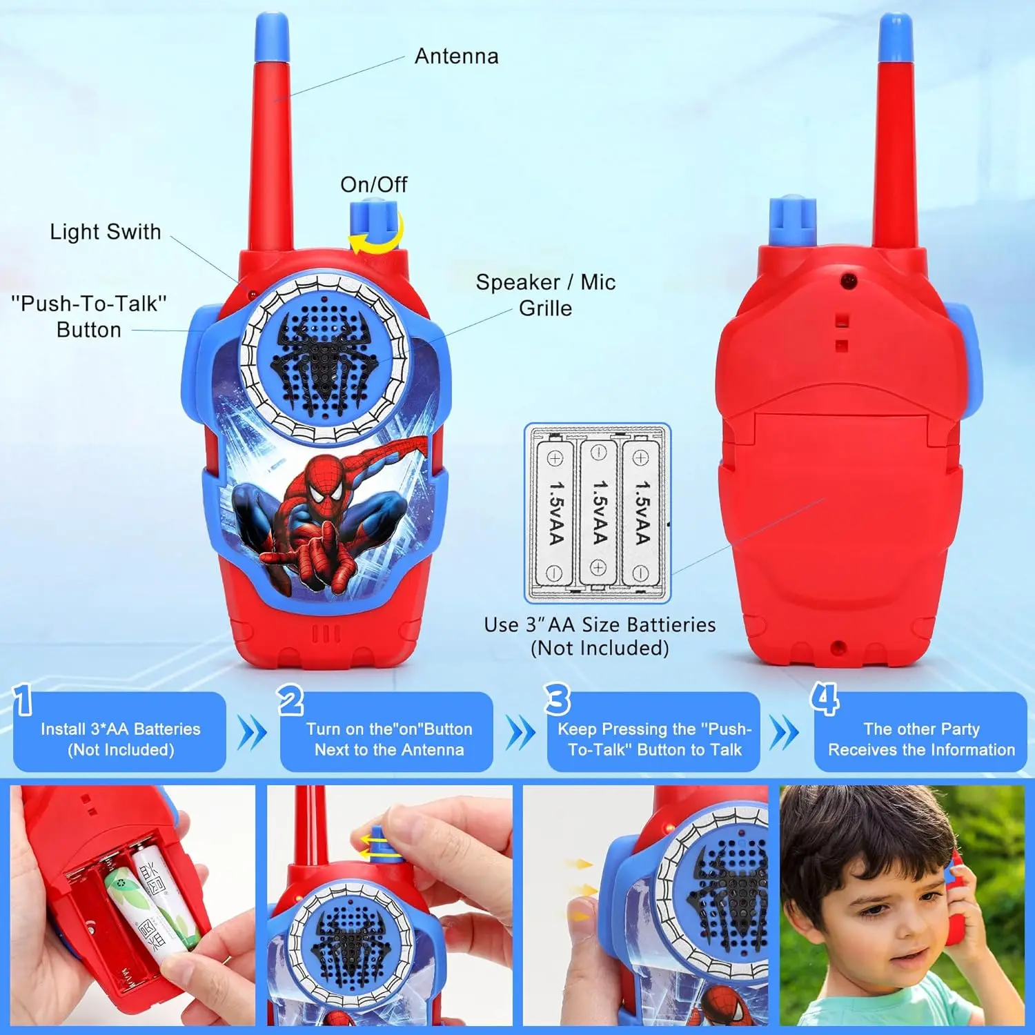 Walkie-talkie inalámbrico de araña de dibujos animados para niños, juguetes de araña para interiores y exteriores, opción de regalo Ideal para niños y niñas, 2 piezas