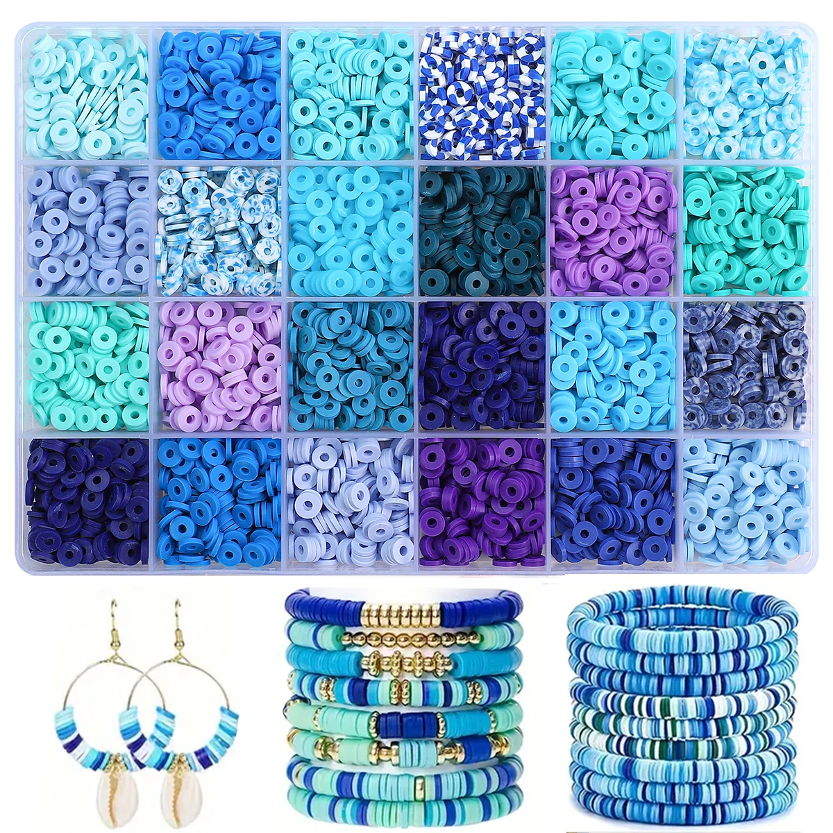 3720pcs Blue Polymer Clay Beads Bracelet Making Kit, 24Colors Flat Round Clay Heishi Beads Set for Jewelry Bracelet Necklace Mak