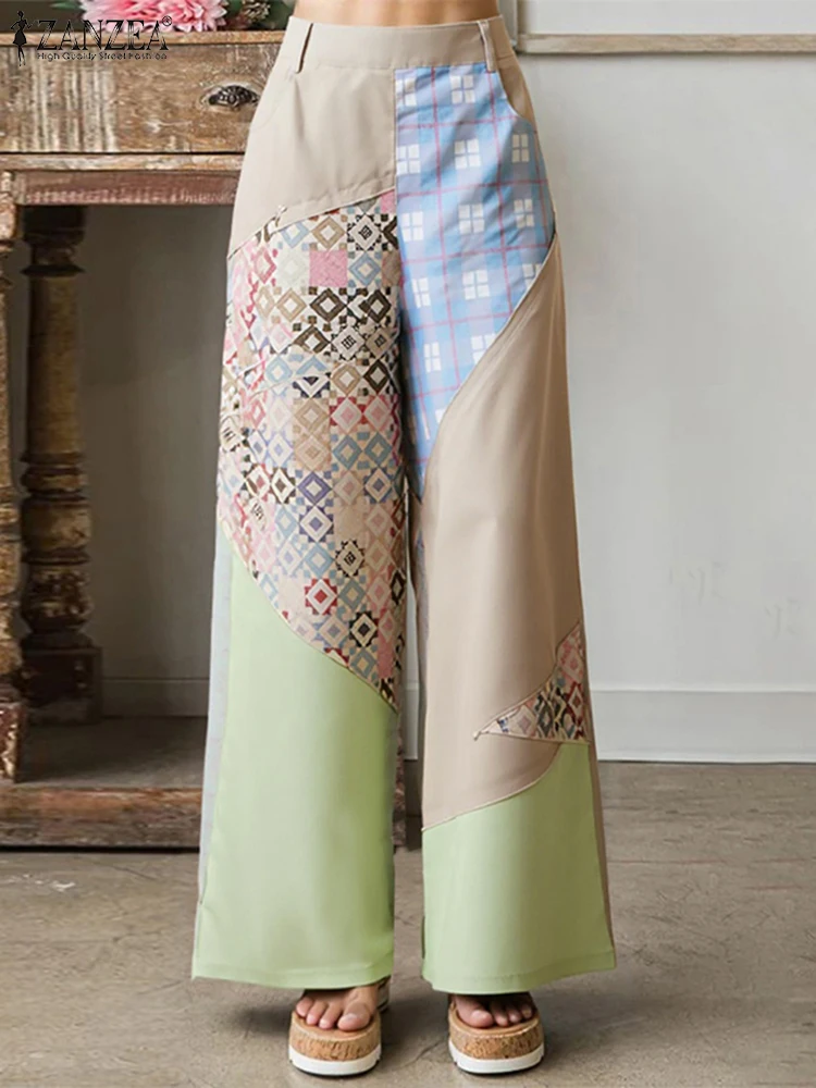 ZANZEA موضة السراويل الطويلة النساء عالية الخصر طباعة عادية بنطال ذو قصة أرجل واسعة 2025 الخريف جيوب عادية مرونة الخصر بنطلونات