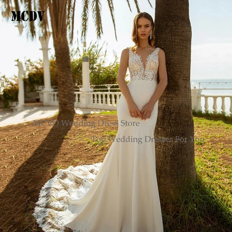 

MCDV Mermaid Wedding Dress Women Luxury V Neck Backless Lace Appliques Sweep Train Boho Bride Gown 2026 Elegant Beach Bridal Gow