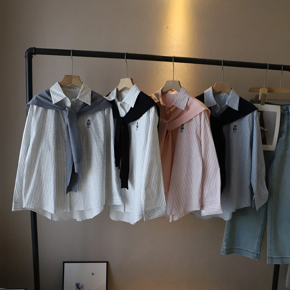 

Y2K Striped Shirts Women Embroidery Bear Preppy Style Two Pieces Shirts Set Button Up Outfits Long Sleeve Blouse Spring Autumn