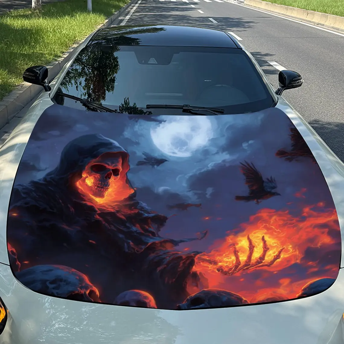 

Flame Black Cloak Skeleton Car Hood Sticker-Durable Vinyl Film, Water-resistant And Easy To Tear Off, Suitable For All Car Model