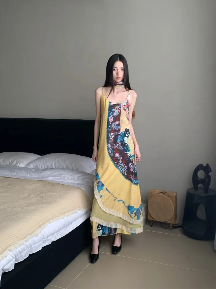 CHEERART Boho Vintage jaune robe longue à fleurs pour femme 2025 été dentelle Patchwork une ligne Maxi robe de vacances tenues de vacances