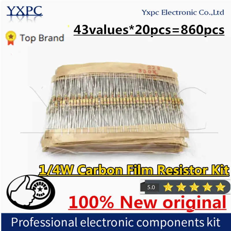 

43values*20pcs=860pcs Carbon Film Resistor Kit 1/4W 5% resistors assorted kit set Resistance 1R - 1M Ohm 0.25W resistor pack