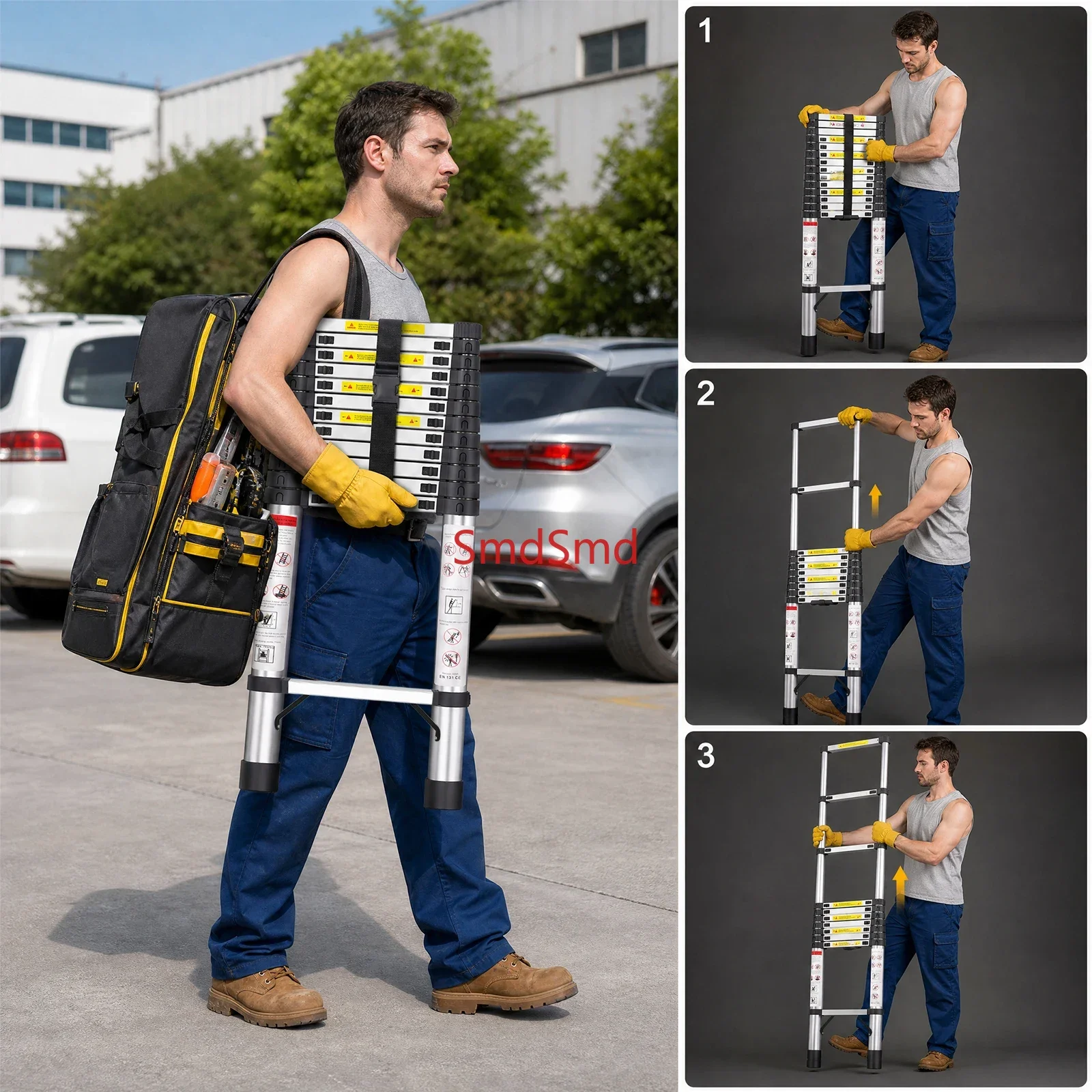 Telescopic 3.8/3.2/2.6m Extension  Reinforced Stainless Steel Foldable 150kg Load Capacity Safety Ladder
