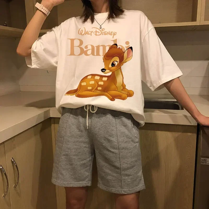 Summer Retro Fashion Kawaii Women T Shirt Cute Cartoon Bambi Printed Graphic Short Sleeve T-shirt Unisex Y2k Clothes Tops