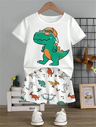 Young Boy Casual Simple Cartoon Dinosaur Pattern Short Sleeve Top And Shorts 2pcs Set, Suitable For Summer