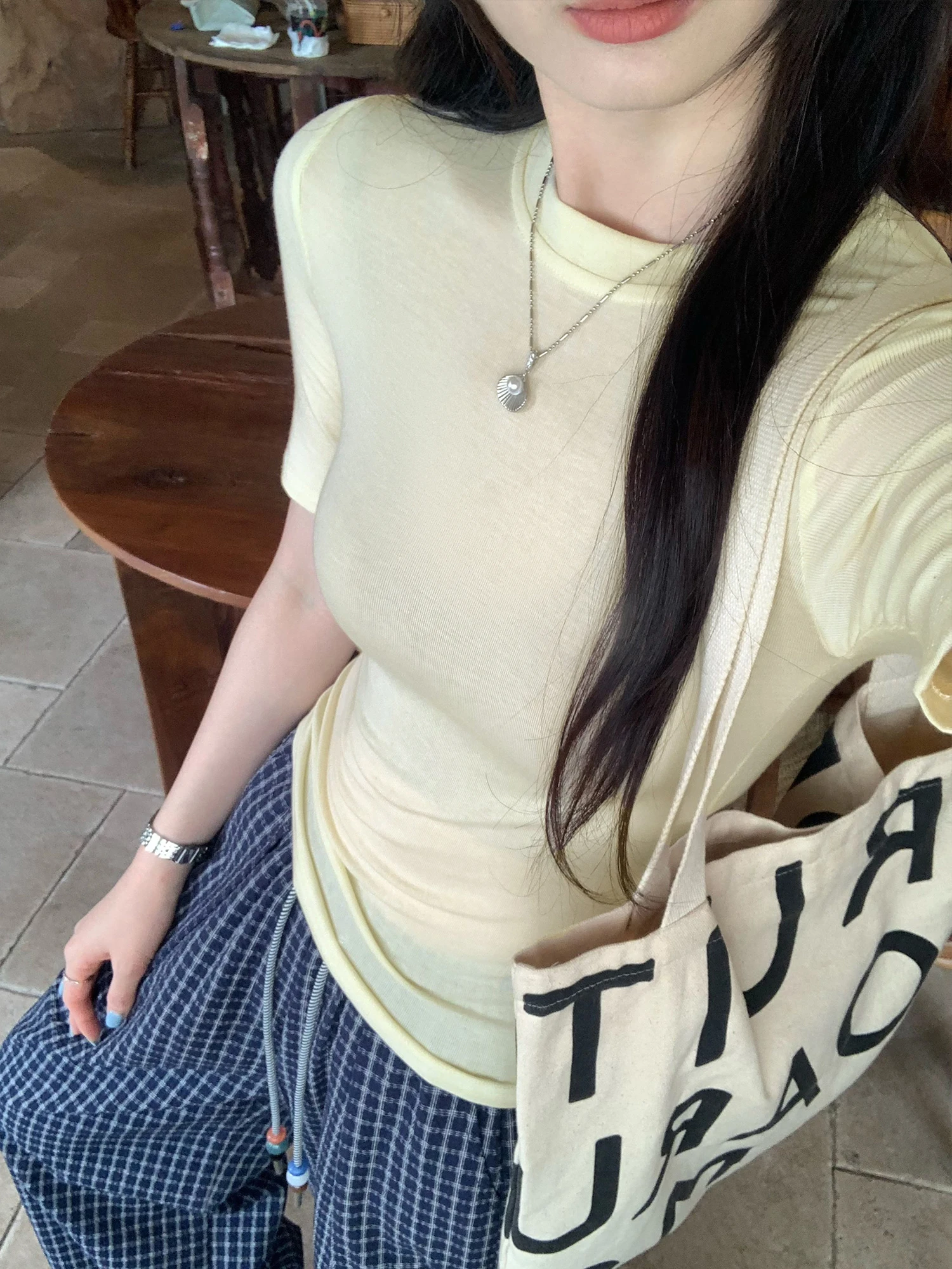 Lacele Wool Short Sleeve round Neck T-Shirt Women's Summer Slim Fit Basic Color Transparent Shoulder 2026 New Style