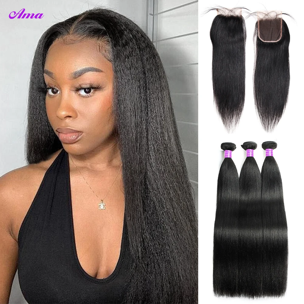 Light Yaki Straigh Human Hair 3 Bundles With Closure Yaki Straight Hair Bundles With 4x4 Closure Human Hair Bundles With Closure