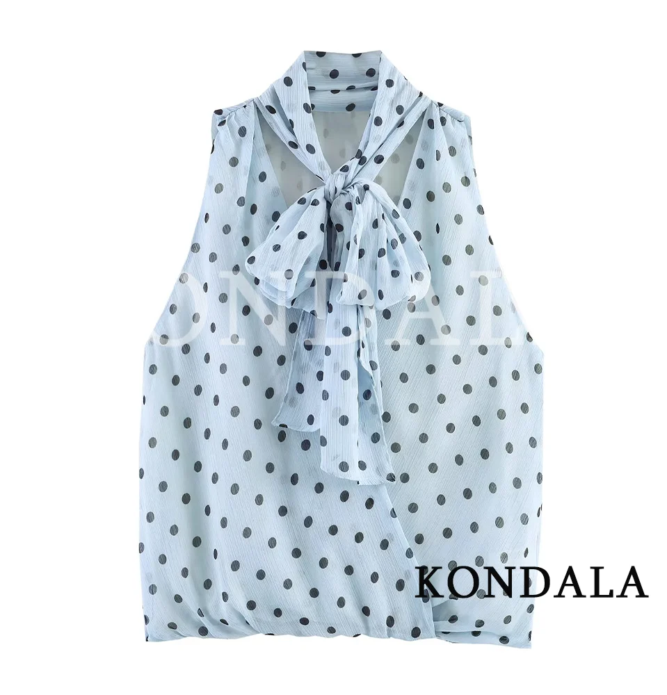 Women Chic Polka Dot Bow Vest Shirt KONDALA 2026 Summer Trendy Holiday Leisure Tops Female Elegant High Street Sleeveless Tops