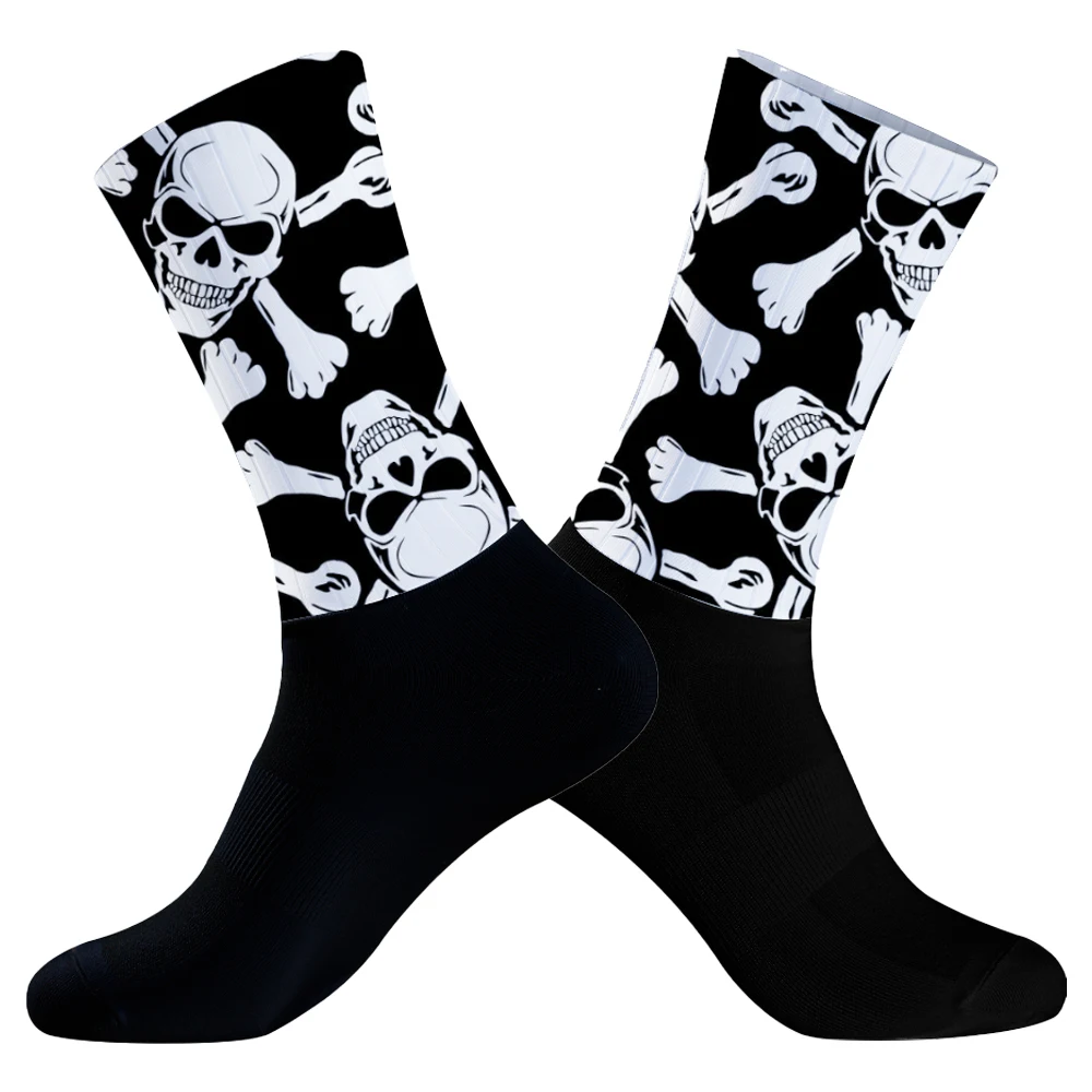 New Men Skull pattern Bicycle Sport Running Bike Socks Calcetines Anti Slip Silicone Summer Aero Socks Whiteline Cycling Socks