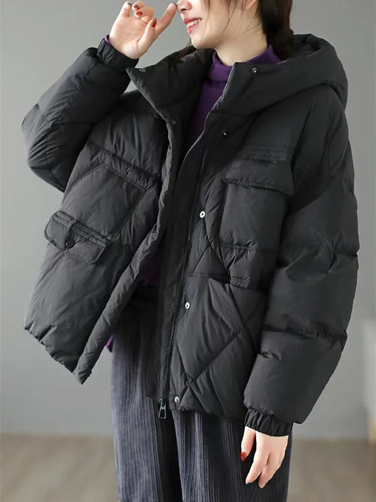 Women 90% White Duck Down Jacket Hooded Loose Oversized Puffer Coat Autumn Winter Warm Short Female Feather Parkas