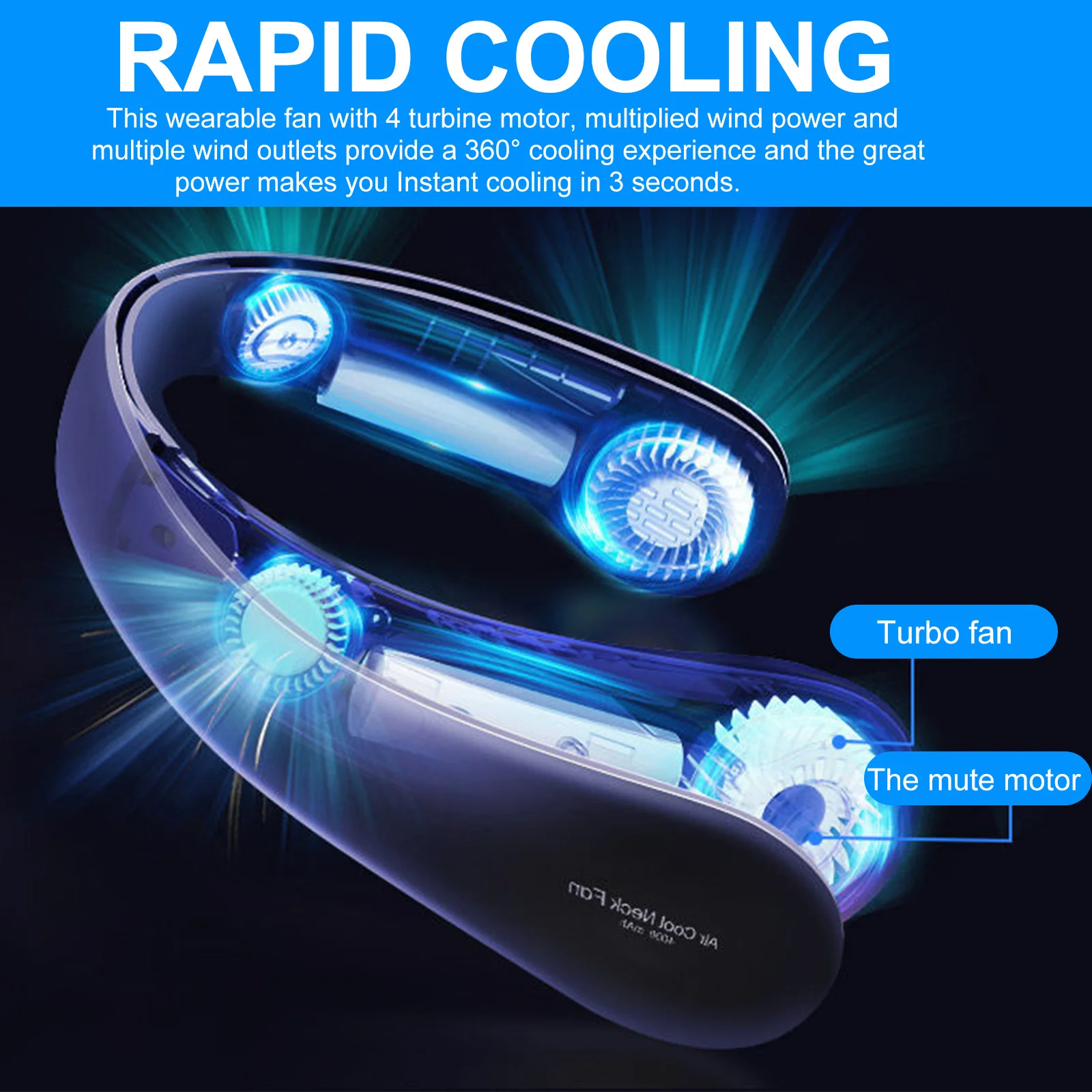 مروحة 4 منافذ هواء أساسية يمكن ارتداؤها USB شحن الرقبة مروحة بلا أوراق 4000 مللي أمبير