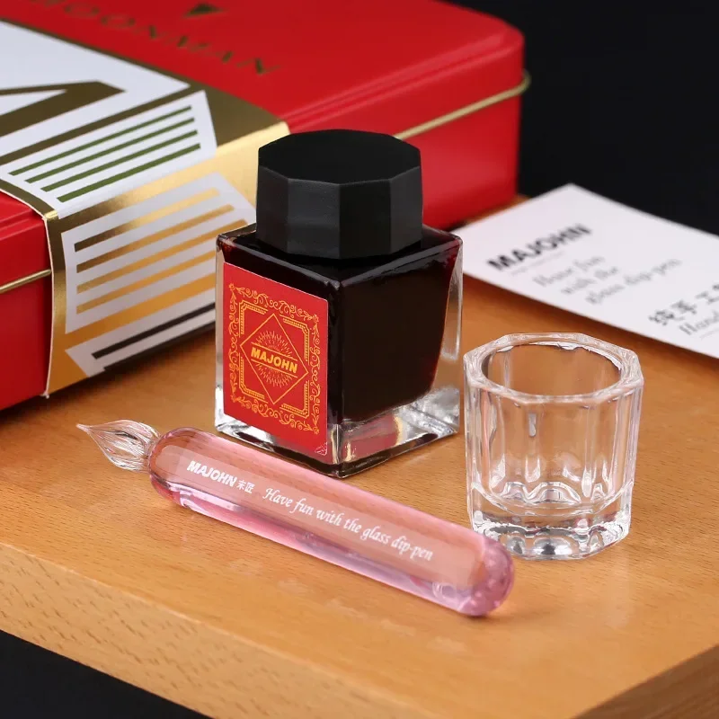

MAJOHN/Mojiang Stick Glass Dip Pen Цветные чернила для мытья ручек Набор чашек Подарочная коробка Ручная палатка Крючок для рисования Линия Цветочный корпус Английский