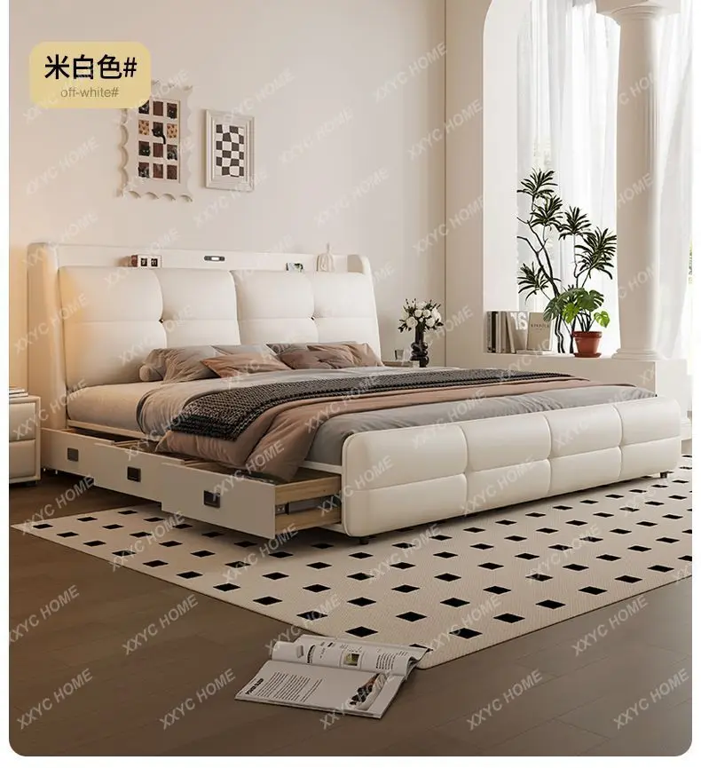 Hot sales 200x220cm Leather Double Bed King Size Frame Queen Twin Bed Luxury Multifunctional Wedding Bed Wood Drawer Bedroom Fur