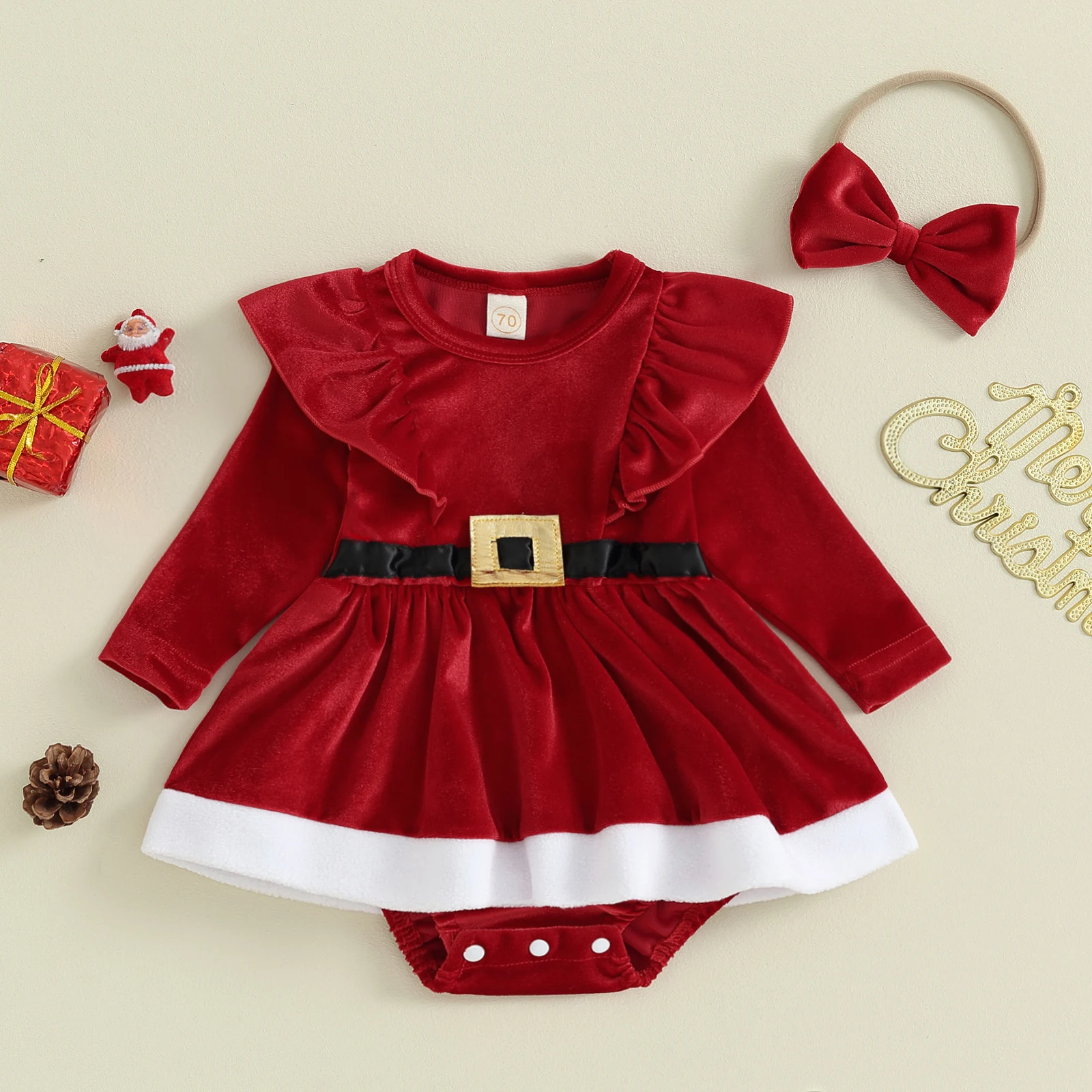 ma&baby 0-18M Christmas Newborn Infant Baby Girl Romper Xmas Costumes Outfits Ruffle Long Sleeve Santa Romper Headband D05