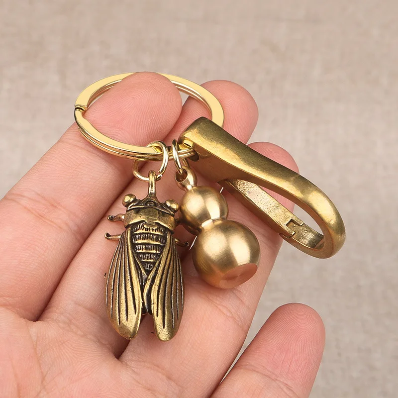 Brass Vintage Golden Cicada Knows Keychain Make a Great Coup Car Key Chain Pure Copper Gourd Pendant Gift Wholesale