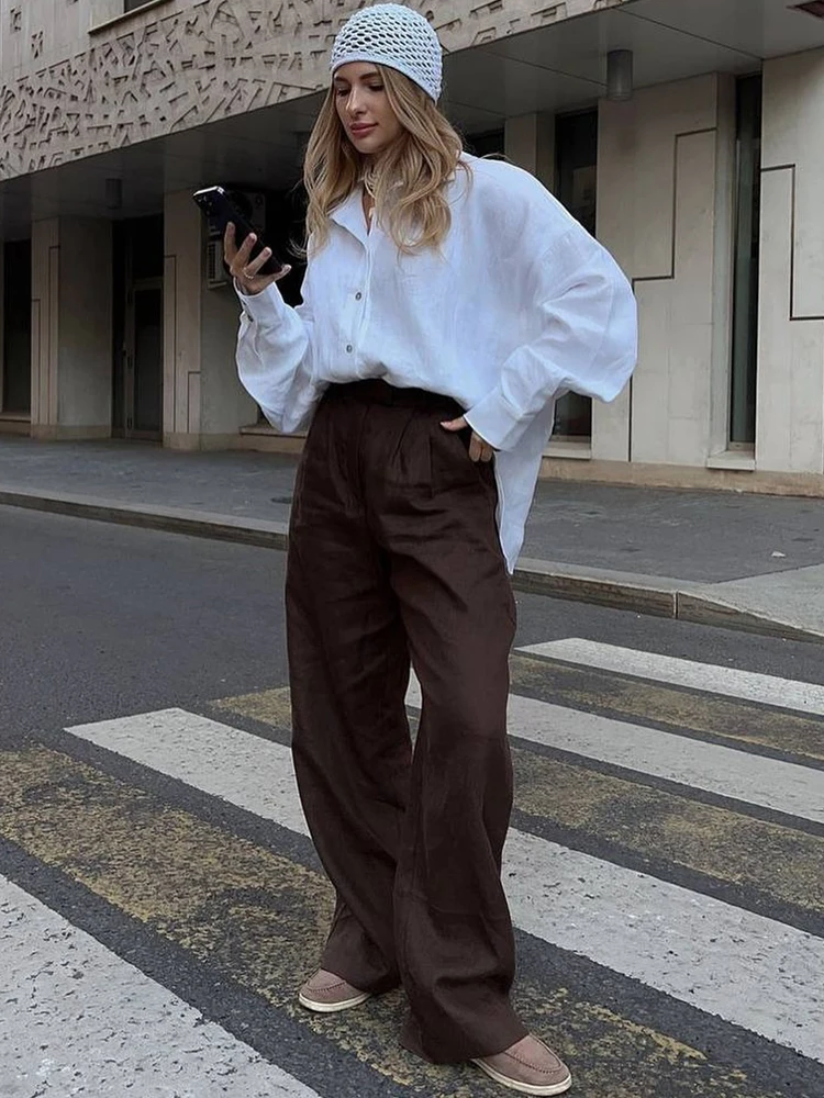 

White Women's Linen Shirt Long Sleeve Elegant Pink Oversize Blouse Vintage Spring Basic Top Collar Cotton Linen Shirt for Women