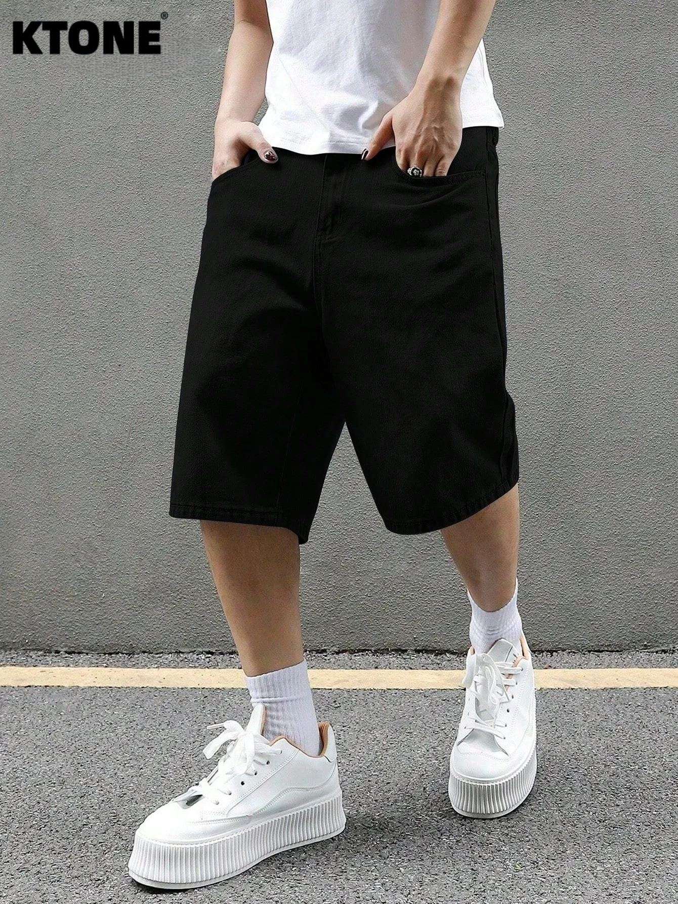 

Black non stretch denim jorts men loose fit casual solid color daily all match comfortable leisure short trousers