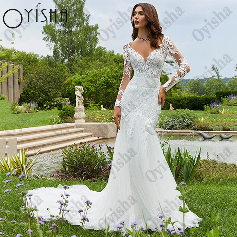 OYISHA-vestidos de Novia de manga larga con cuello en V, traje de Novia con apliques de encaje, Espalda descubierta, tul de sirena, hecho a medida Robe de mariée délicate à manches longues col en V dentelle applique ro