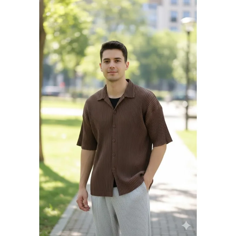 

Miyake плиссированная блузка плиссе, рубашка с короткими рукавами, мужская однотонная рубашка 2026, свободный топ больших размеров, летняя свободная куртка с короткими рукавами