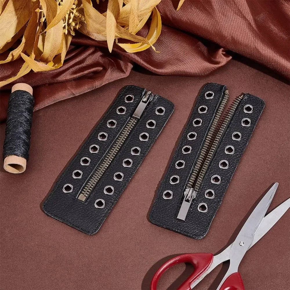 Leather Lace-in Boot Zipper Inserts, 6.1 x 2.1 Inch 8 Metal Eyelets Zipper Boot Laces Black No Tie Shoe Laces for Adults Men