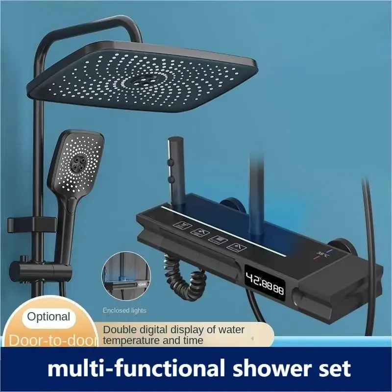 PVD Gun Grey Gray Black Brass Shower Faucet Set Rainfall Bathtub Tap Digital Dis Bathroom Shelf 4 Functions Adjust Shower Mixer