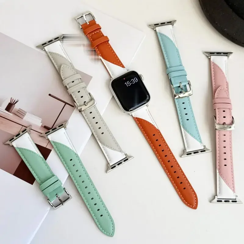 Genuine Leather Watch Strap for Apple Watch 38 40 41 42 44 45 46 49mm Two-Tone Bracelet for iWatch 11 10 Color Blocking Bracelet
