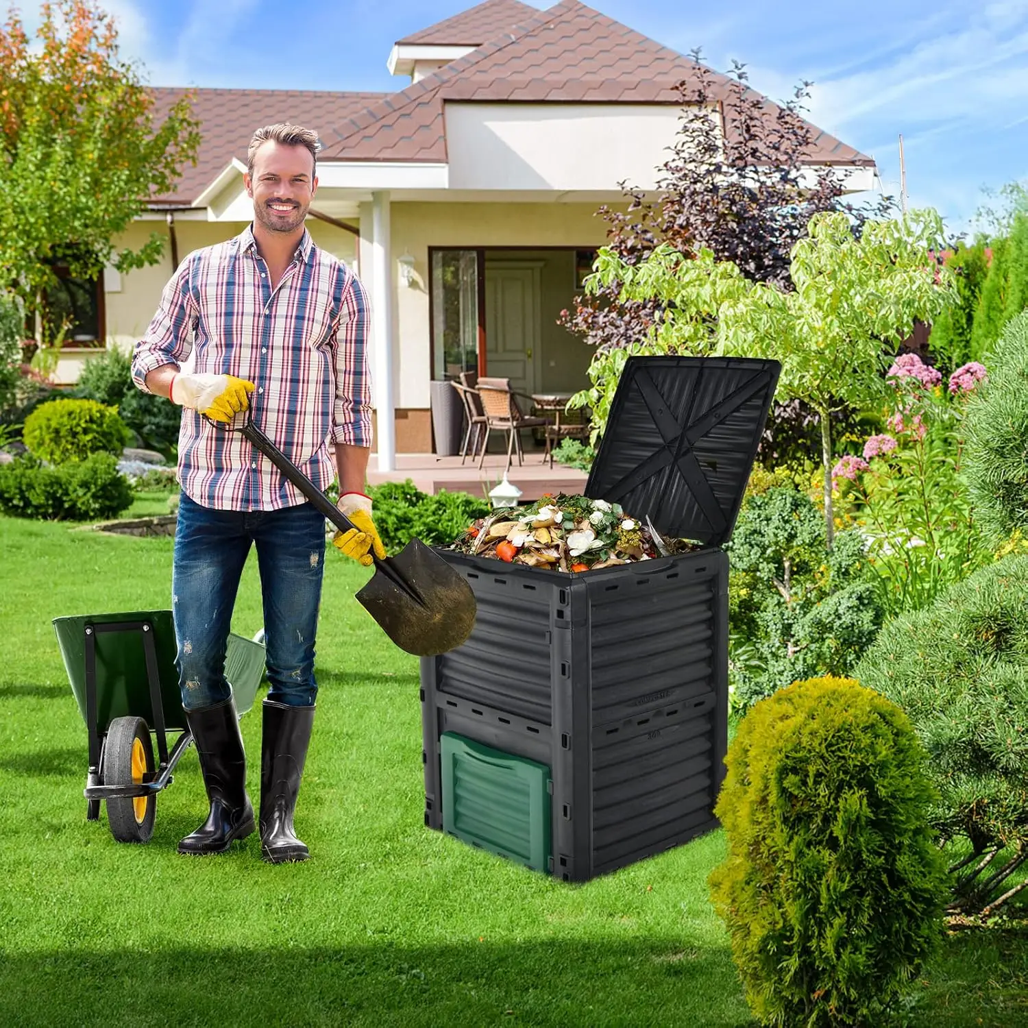 Garden Yard Outdoor Use, BPA Free Material, 80 Gallon (300 L), Top Flip Latch-on Lid, Bottom Exit Door, Easy Assembly