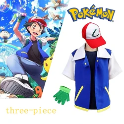 Disfraz de Pokémon Ash Ketchum para niños y adultos, traje de Cosplay con chaqueta azul, conjunto de guantes y sombrero para fiesta de vacaciones y regalos de Halloween