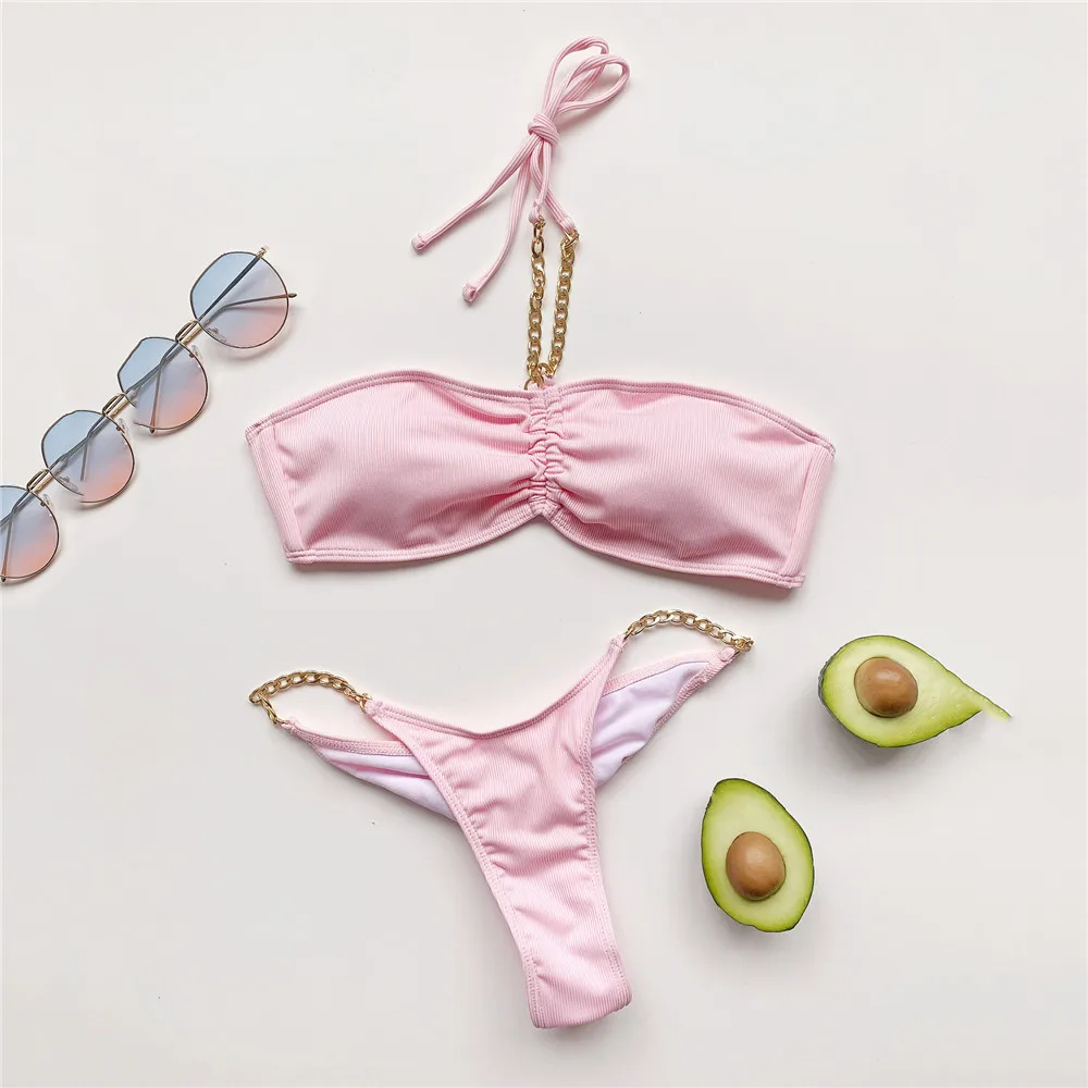 Rosa gerippte Bademode String Neckholder Bandeau Bikinis Sets Micro Tanga Sexy Badeanzug Frauen 2025, Metallkette Badeanzug Bikini