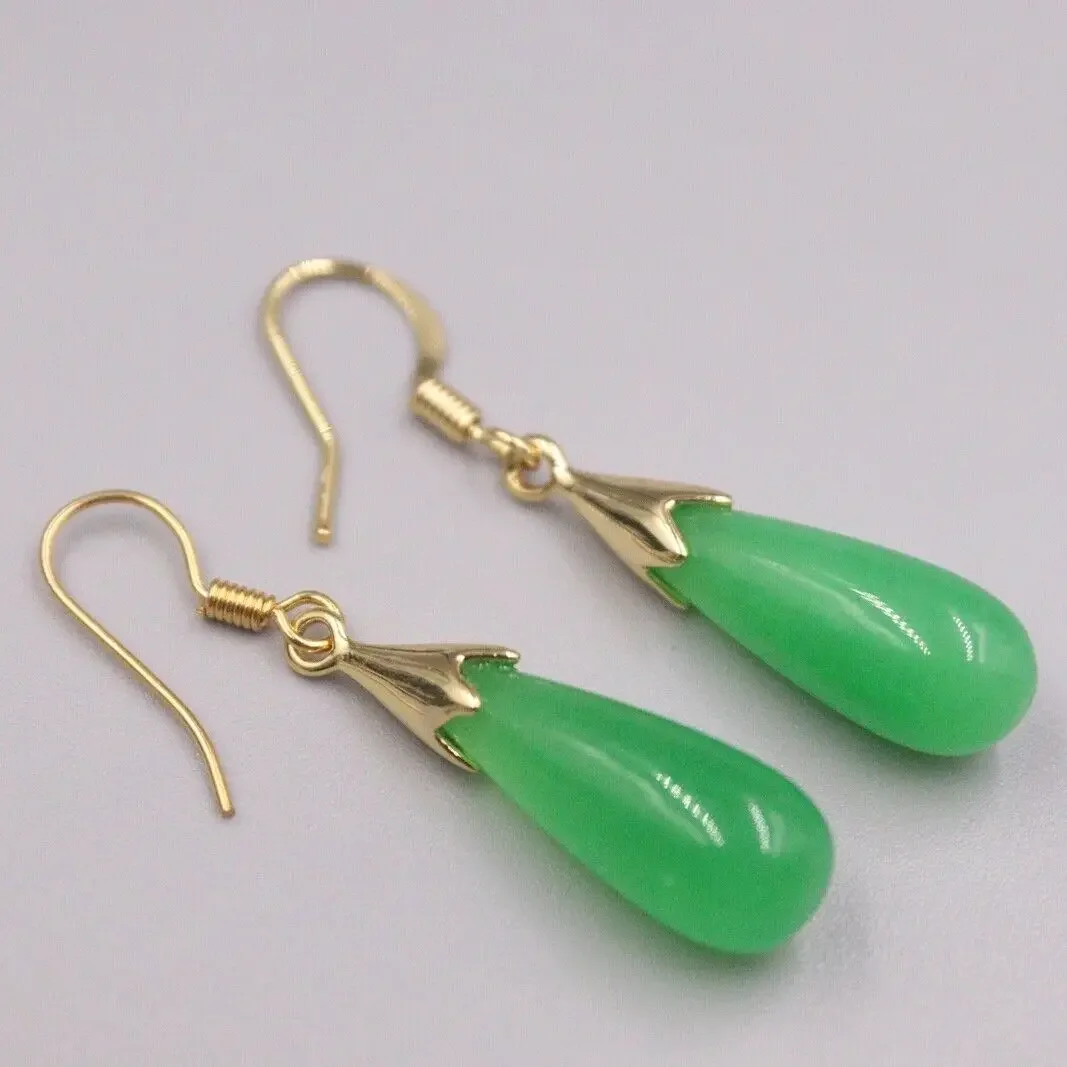 

New 18K Yellow GP with Green Jade Droplet Charm Dangle Earrings 1.49inch