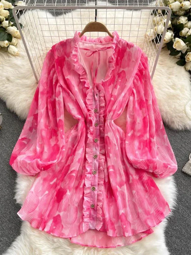 Spring Autumn  New Fashion Temperament Retro Printing Vestidos Female V-neck Puff Sleeve V-neck Tie Waist Dress KK1144