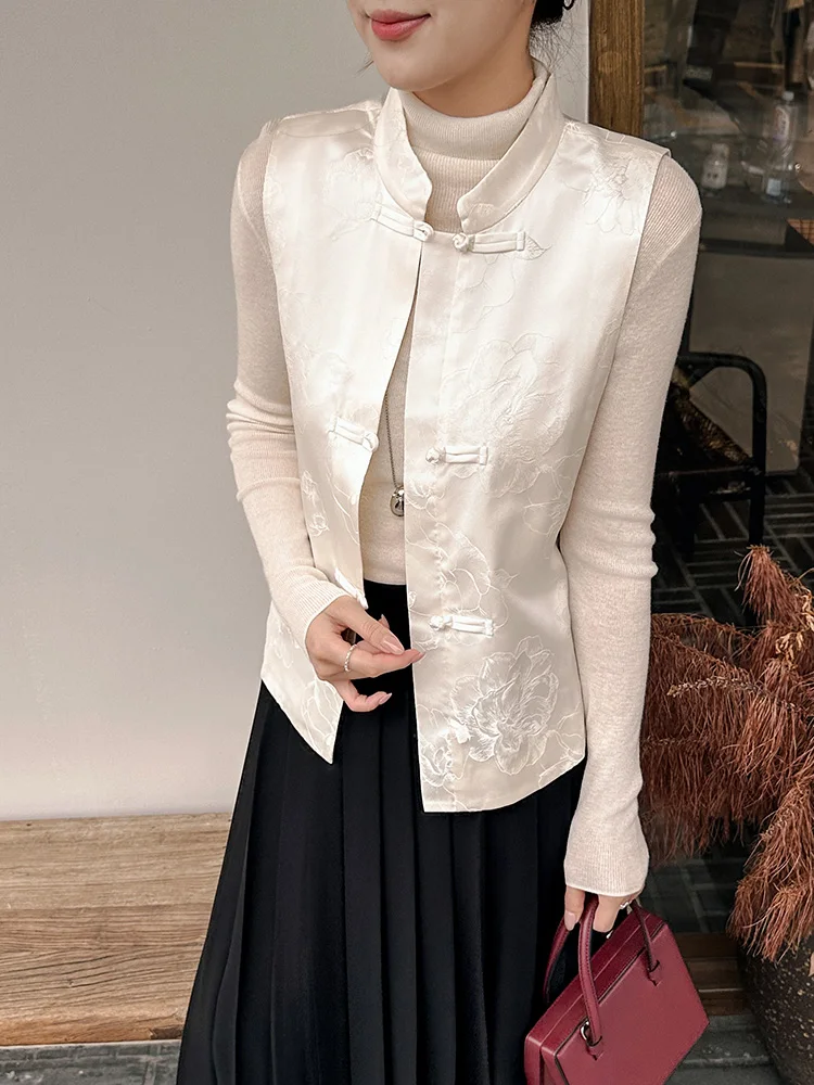 

New Chinese Sle Embroidered Jaet Loose Fit Eastern Charm Highlighting Floral Pattern Polyester Fiber Women's Vest