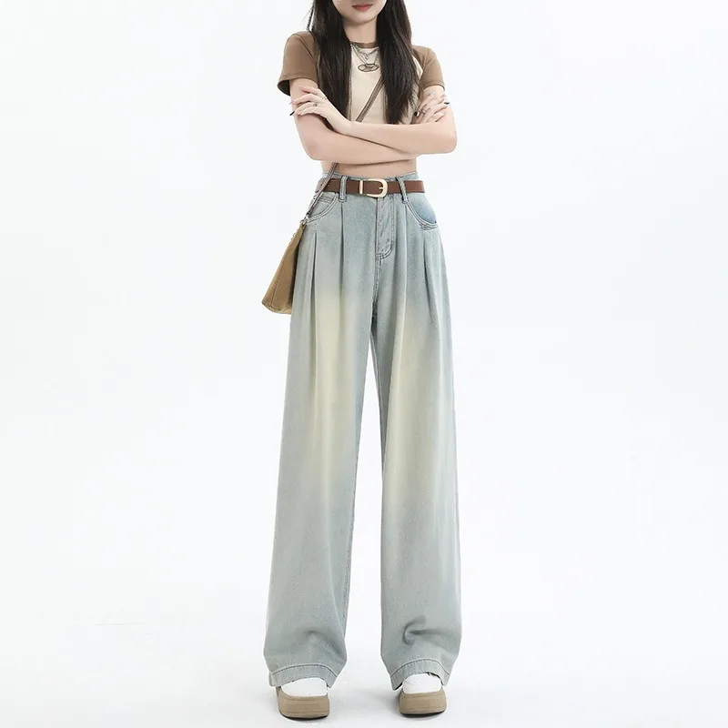 Narrow Wide Leg Jeans Women's Spring and Autumn 2024 New High Waist Loose Straight Tube Pants Hong Kong Style All-match