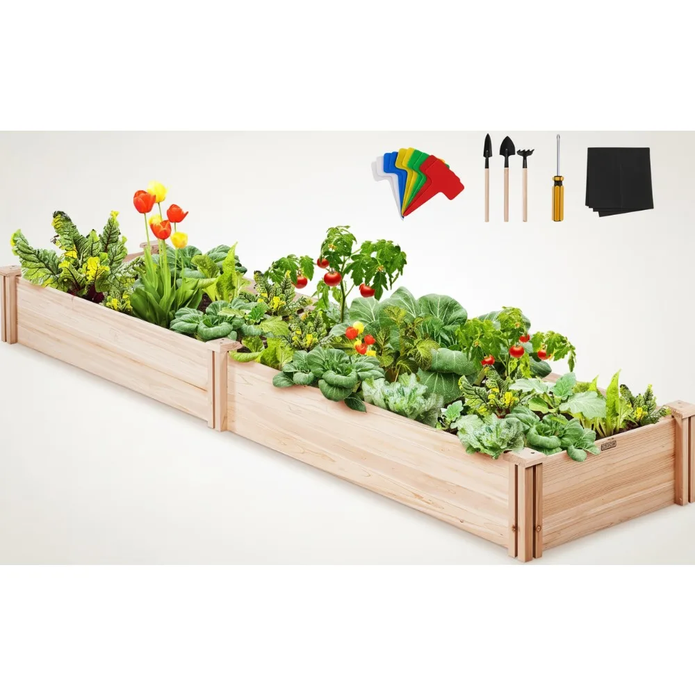 

Outdoor Wooden Raised Garden Bed Planter, 96x24x10in, Natural Fir Wood No-Bolt Assembly for Vegetables Herbs in Backyard Patio