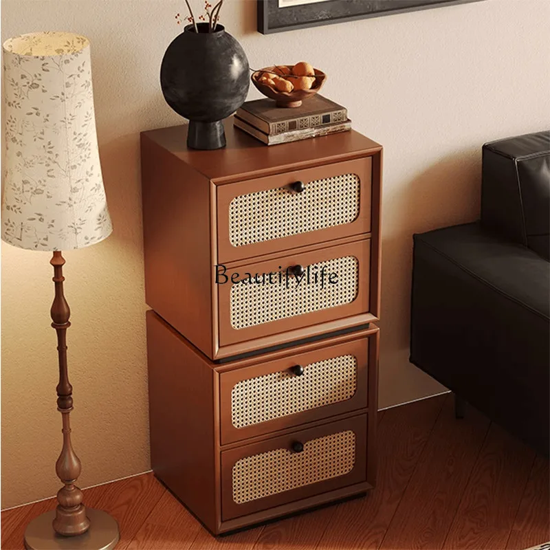 Nordic Mid-Ancient Rattan Chest of Drawers Household Solid Wood Storage Bedside Table