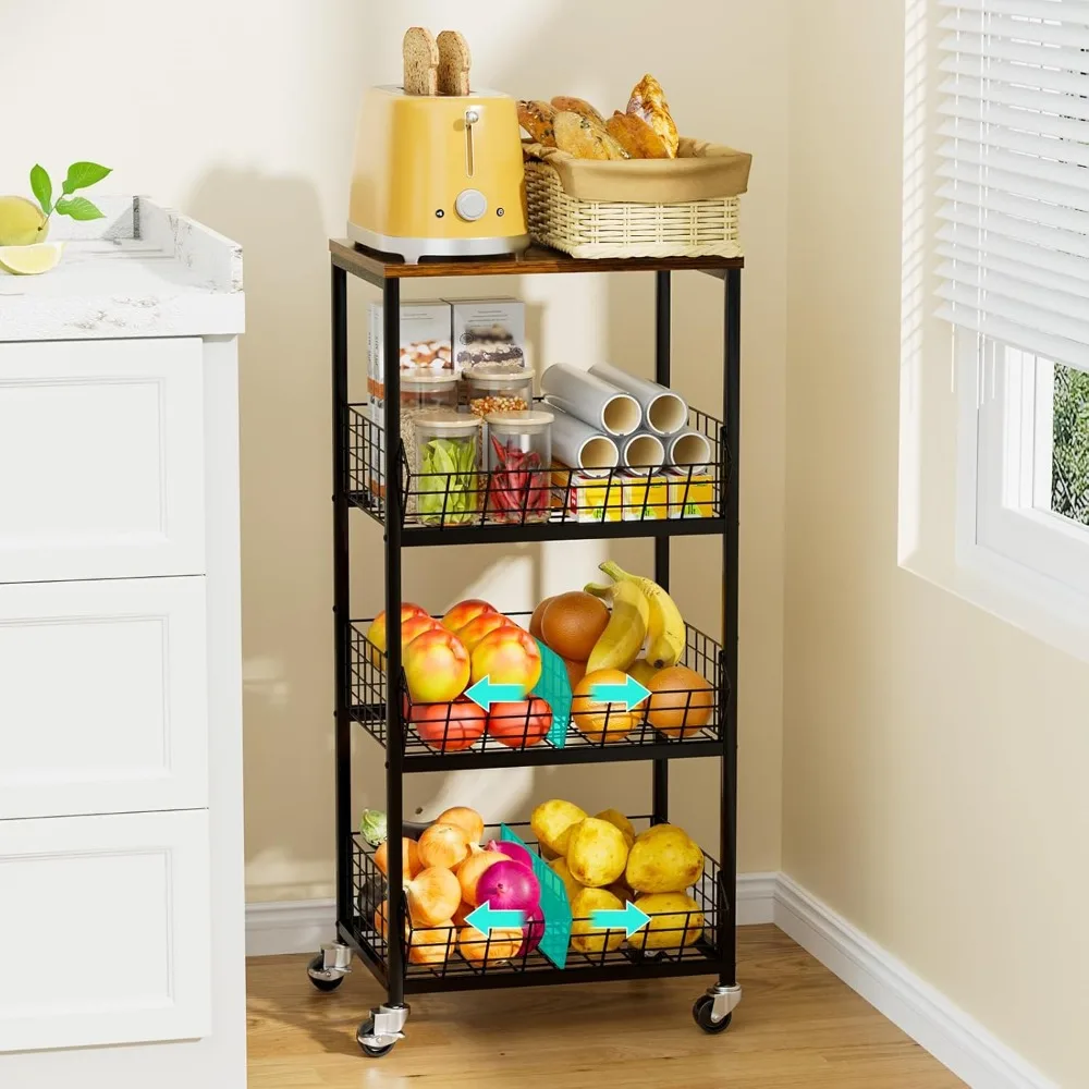 

Kitchen Fruit Vegetable Cart - 4 Tier Rolling Storage Rack with Wheels and Dividers, Coffee Station Cart Rack Shelf Organizer f