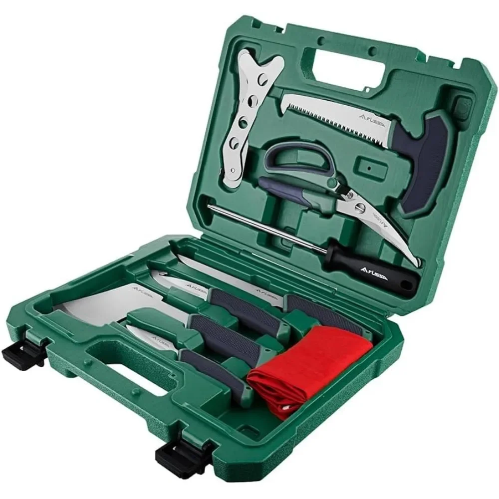 

Ten Piece Field Dressing Kit with Skinning Blade Portable Case for Game Deer Meat Fish Camp